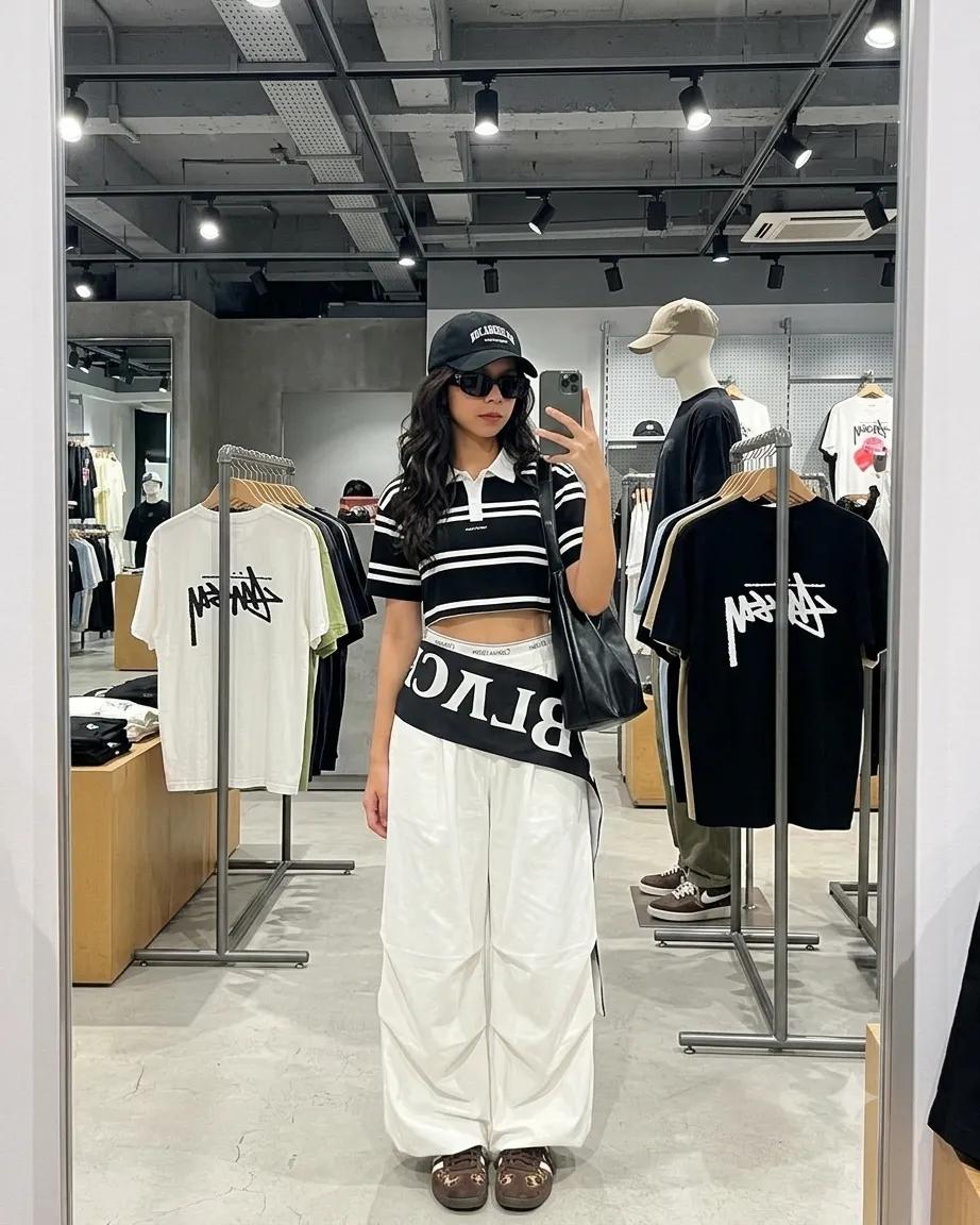 一张抓拍风格的全身穿镜自拍照，画面中是一位时尚年轻女性，她留着波浪状的深色头发，戴着潮流墨镜。她在城市服装店内摆姿势，身穿第二张图片中的服装。她正用手机拍摄这张照片。背景中可以看到零售陈列、挂...