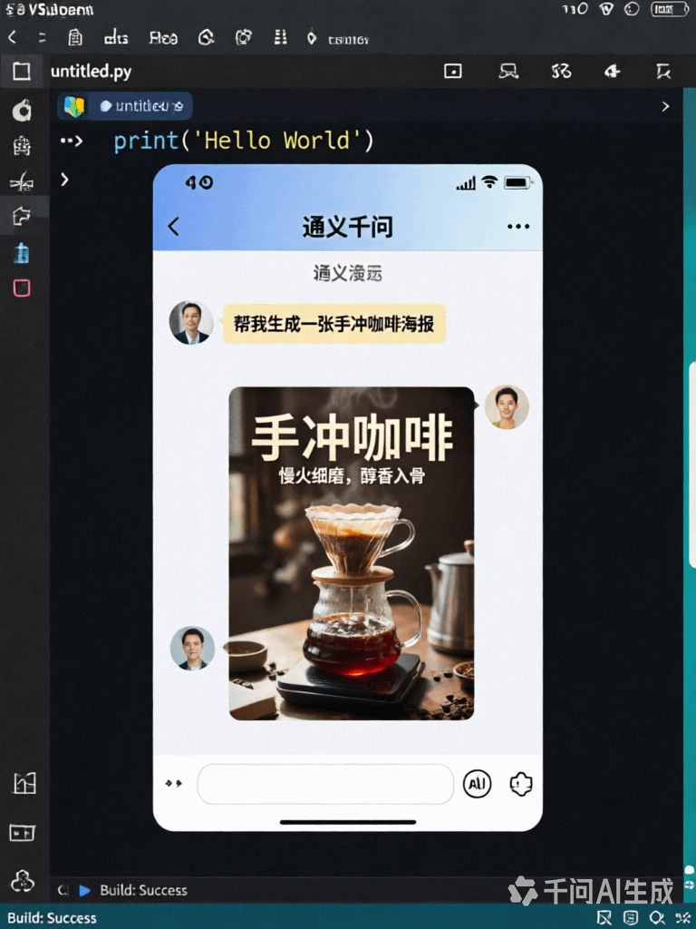 生成一张具有视觉纵深感的‘画中画’图像。最外层是一个真实的 VSCode 编程界面，中间嵌套一个千问App的聊天界面，聊天界面里我正在发送一条消息，内容是‘帮我生成一张手冲咖啡海报’。千问回复...