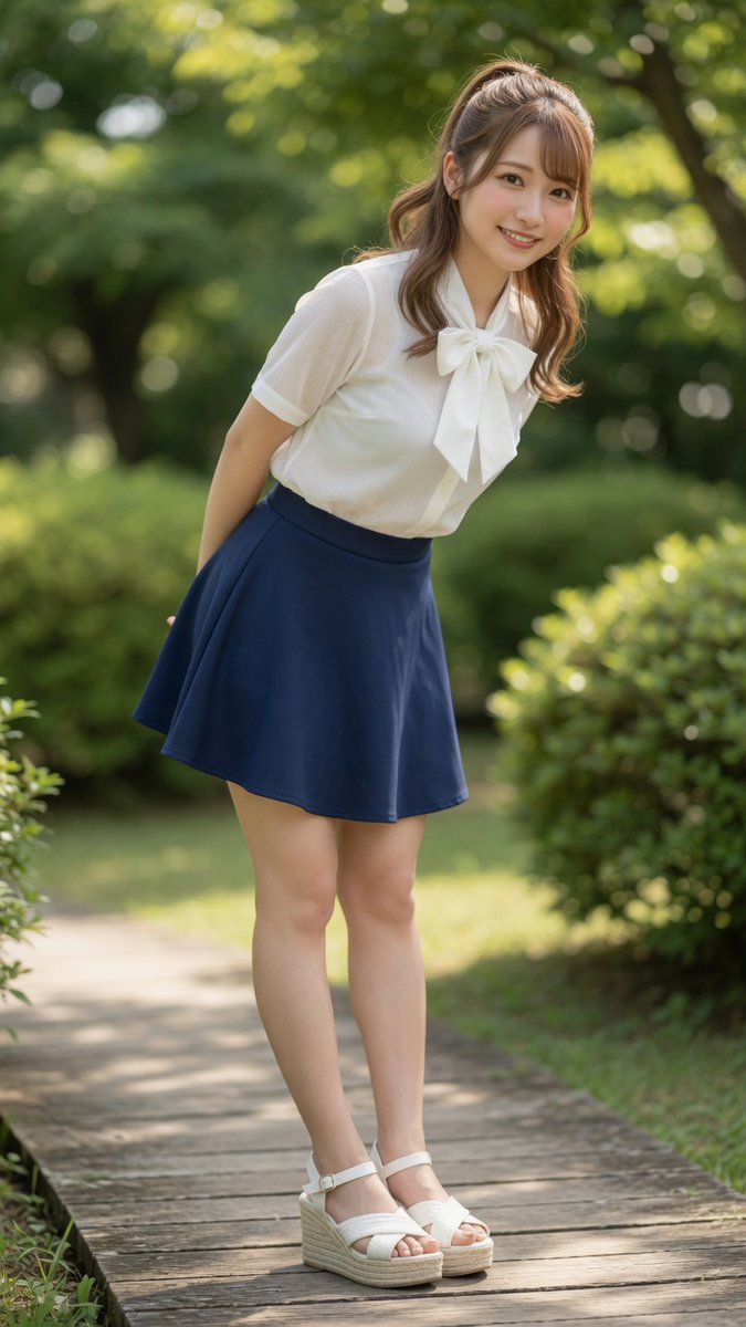 [Grok 提示词] 一位美丽的年轻日本女性，站立在阳光明媚的花园中一条木质小径上，全身照，微微前倾，右手放在背后。柔软的浅棕色头发扎成半高马尾，柔和的波浪发丝垂落在脸颊两侧，明亮的棕色眼睛，...