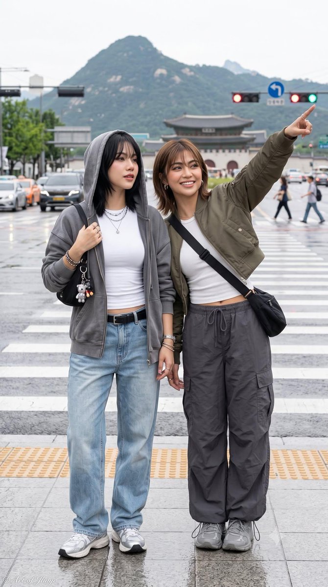 超写实生活方式摄影，呈现两位时尚年轻女性（保持一致的固定角色）在现代都市与文化场景中多个抓拍的旅行与友谊瞬间。其中一位留着带柔和刘海的浅棕色短波波头，另一位则是一头长直黑发（或扎起的造型）。她...