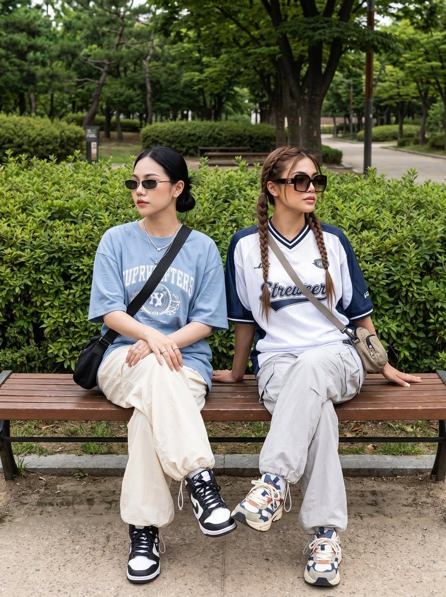 超写实生活方式摄影，呈现两位时尚年轻女性（保持一致的固定角色）在现代都市与文化场景中多个抓拍的旅行与友谊瞬间。其中一位留着带柔和刘海的浅棕色短波波头，另一位则是一头长直黑发（或扎起的造型）。她...