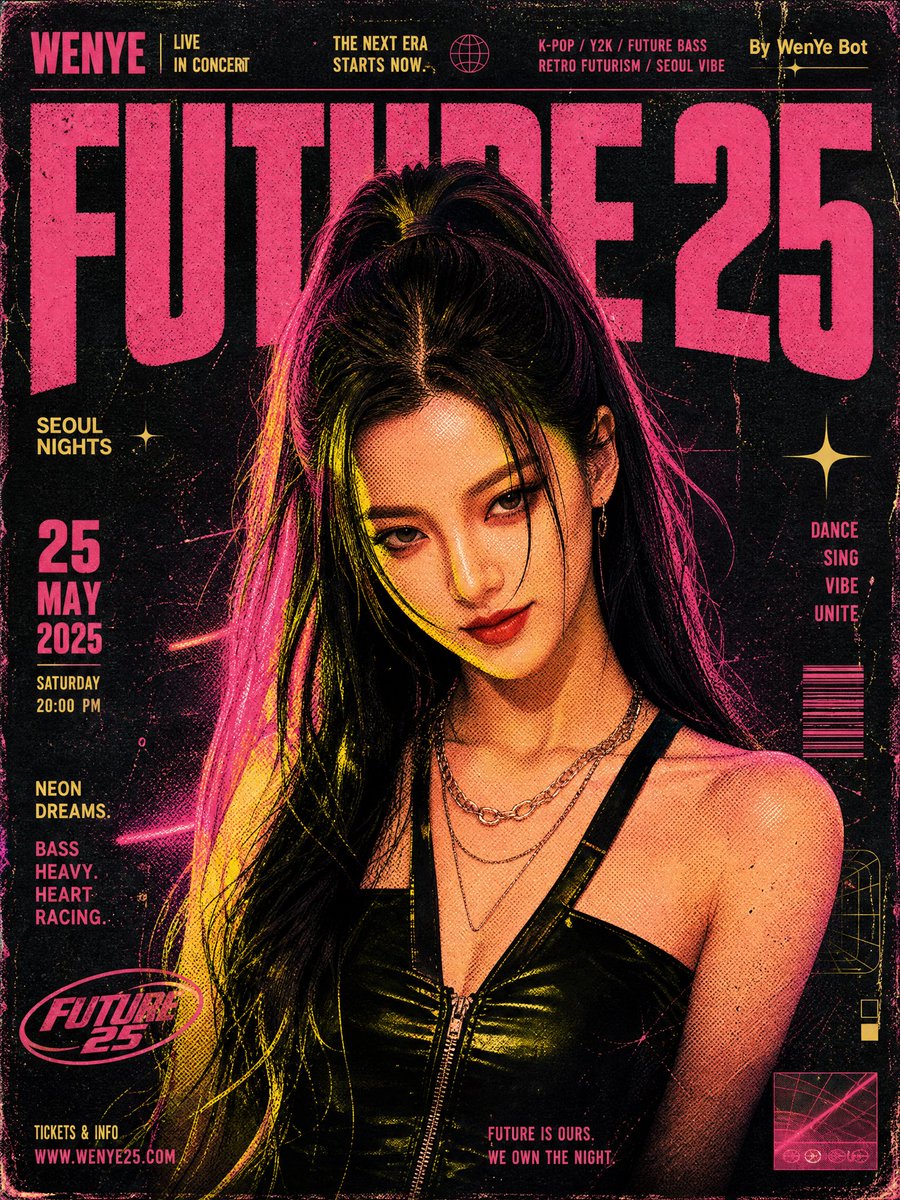 复古音乐海报设计，K-pop 团体演出海报，丝网印刷质感，半色调图案，斑驳色彩，点、线、面的层级分布。复古未来主义音乐活动海报插画：一位 Y2K...