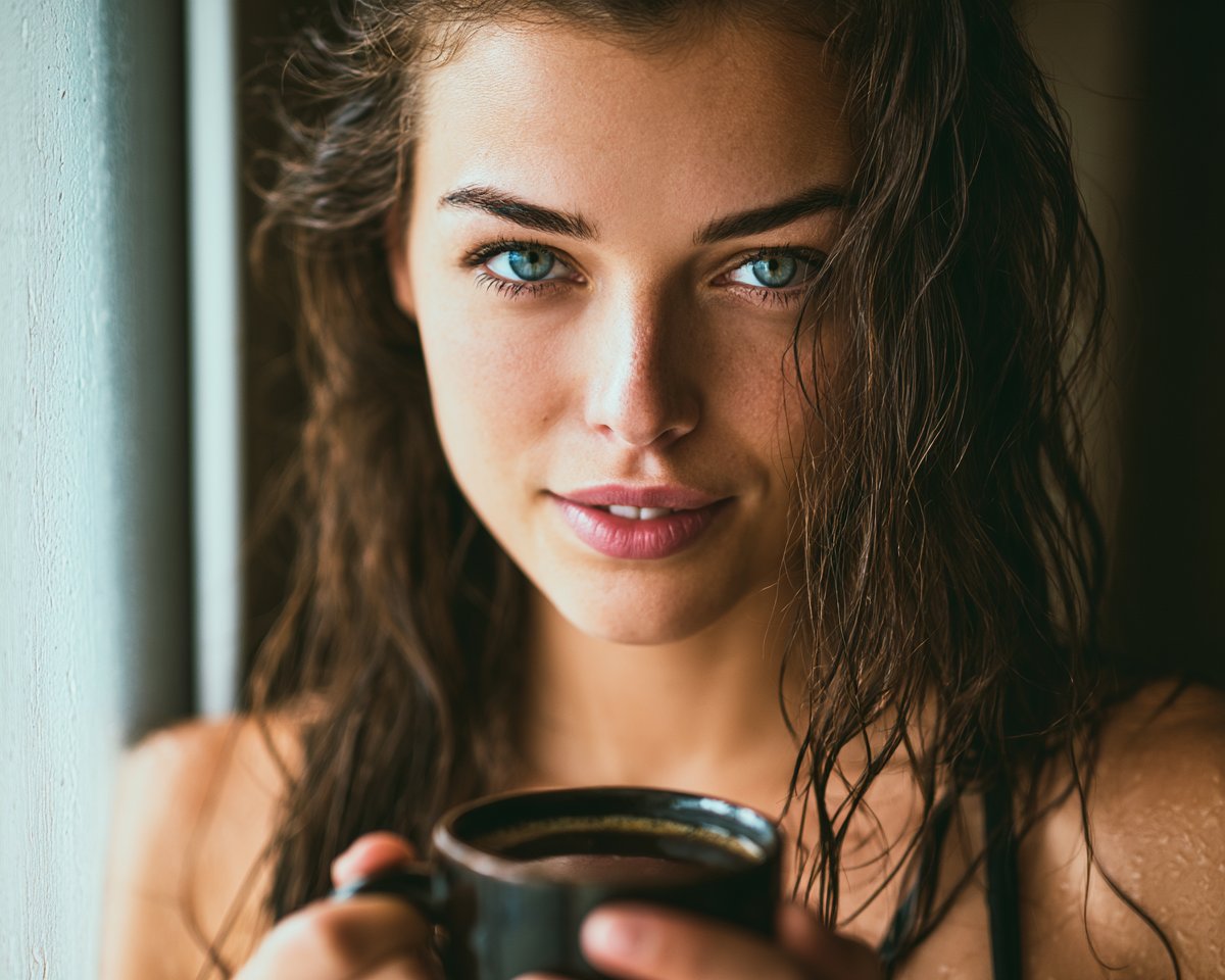 湿发美女手持咖啡杯站在窗边,柔和日光,极简公寓,自然肌肤,宁静亲密的人像 --v 8.1 --ar 5:4 #midjourney #prompting #tischeins