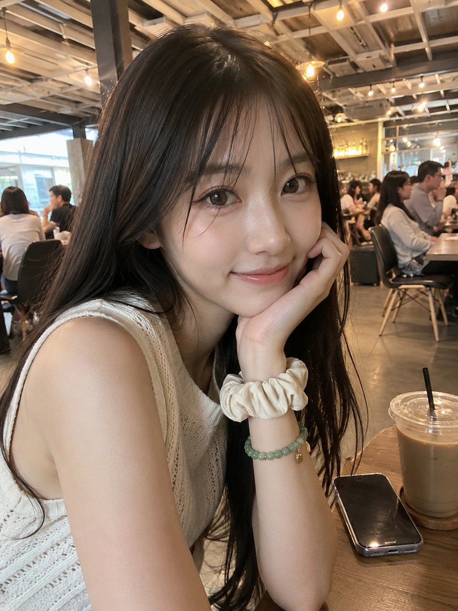超写实的智能手机照片：一位美丽的年轻日本女性，拥有光滑的瓷白肌肤、柔和自然的五官、温暖的大棕色眼睛、有光泽的粉色嘴唇，以及自然散落的长丝柔深棕色头发。她坐在一间温馨现代的咖啡馆里，一只手托着下...