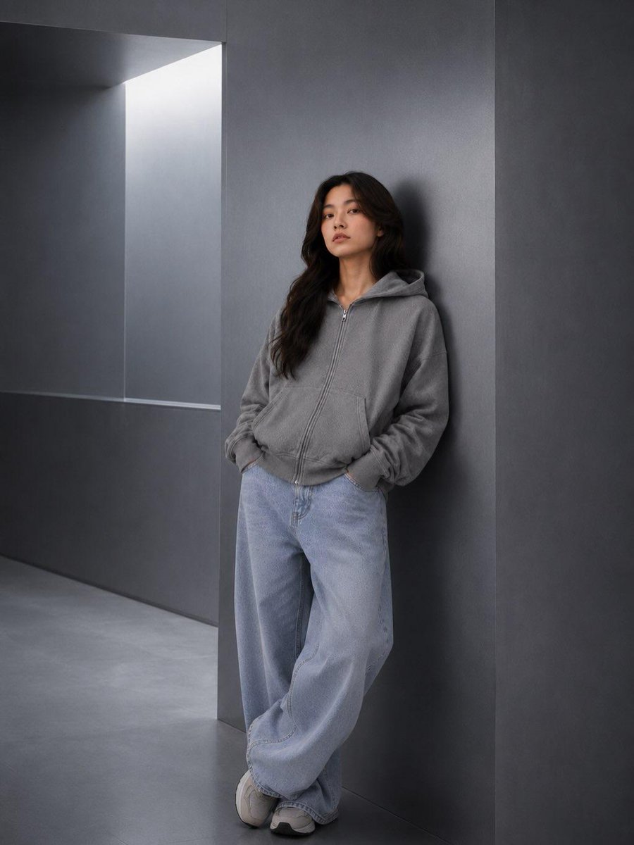 极简时尚编辑人像：一位年轻女性随意倚靠在一面光滑的炭灰色建筑墙面上，身穿水洗灰色宽松拉链连帽衫、浅色水洗宽松牛仔裤和白色运动鞋，双手插兜，姿态放松，神情平静自信，深色自然长卷发，淡妆自然，现代...