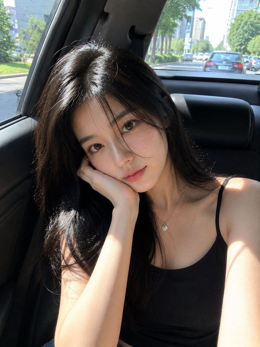 一张超写实的智能手机自拍照，主体是一位美丽的年轻日本女性，拥有光滑的瓷白肌肤、柔和自然的五官、大而温暖的棕色眼睛、自然泛红的脸颊、有光泽的粉色双唇，以及在阳光下轻轻拂过面颊的丝滑黑色长发。她坐...