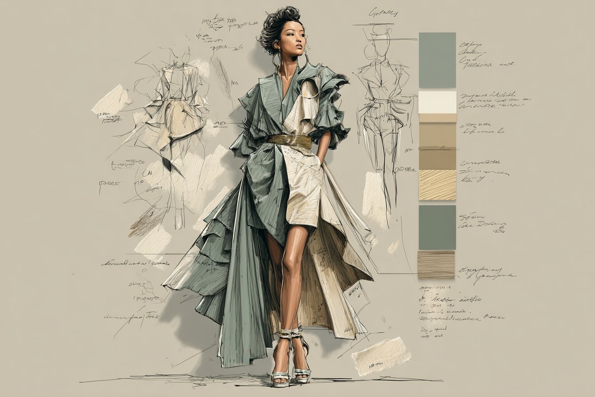 一幅时尚T台插画，包含受[subject]启发的服装，搭配[color1]和[color2]的高级时装面料小样，戏剧性灯光，夸张姿态，两侧带有风格化铅笔素描注释。 试试看并分享你的作品 🔥