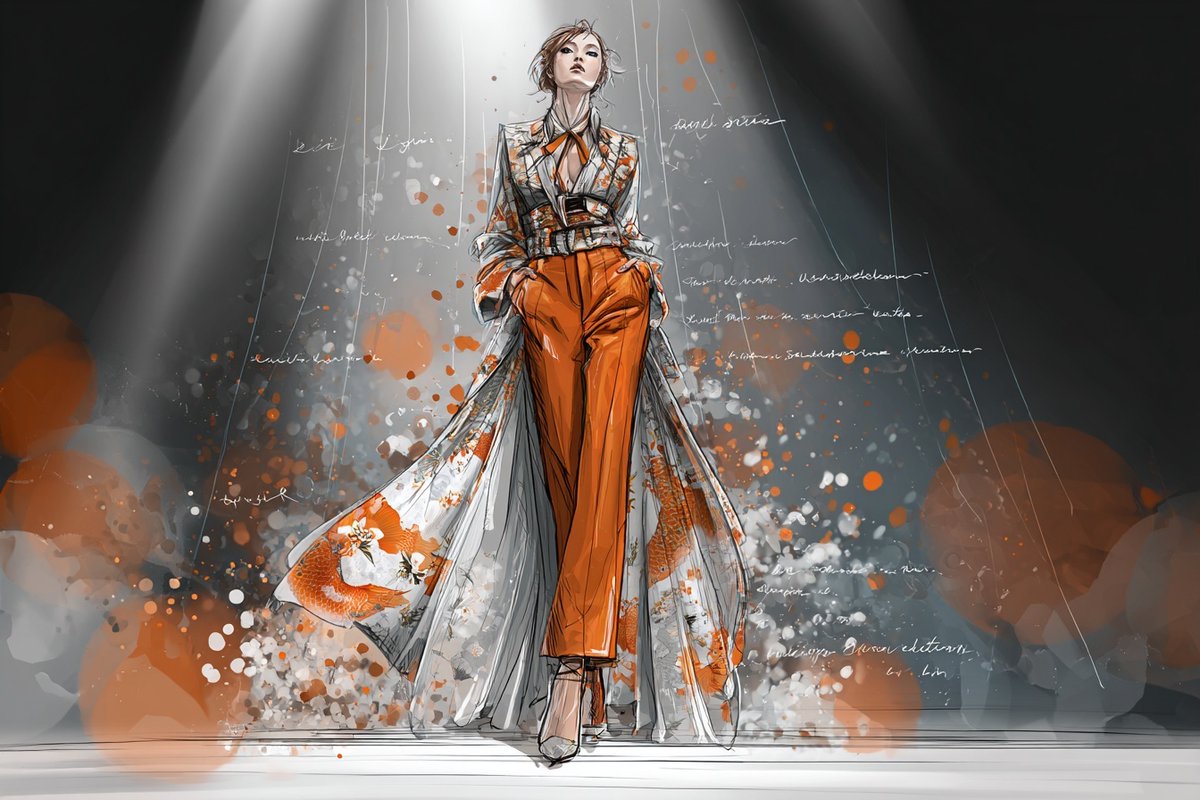 一幅时尚T台插画，包含受[subject]启发的服装，搭配[color1]和[color2]的高级时装面料小样，戏剧性灯光，夸张姿态，两侧带有风格化铅笔素描注释。 试试看并分享你的作品 🔥