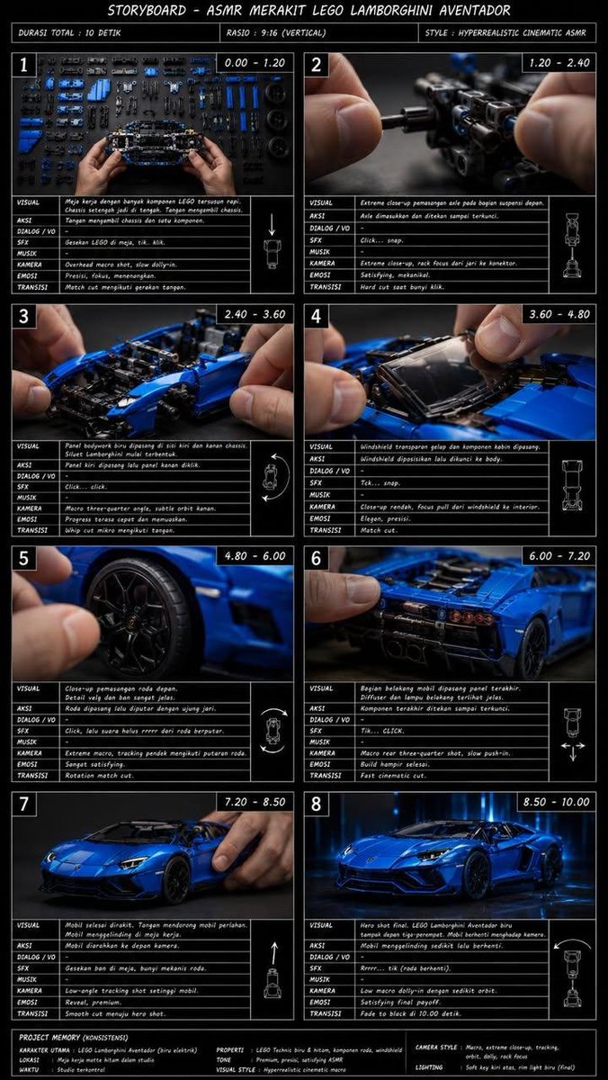 为一个10秒的ASMR视频创建一个专业的电影制作分镜脚本，展示组装LEGO Technic兰博基尼Aventador的过程。 布局应看起来像真实的电影分镜，包含8个连续面板，排列成两列。 每个...