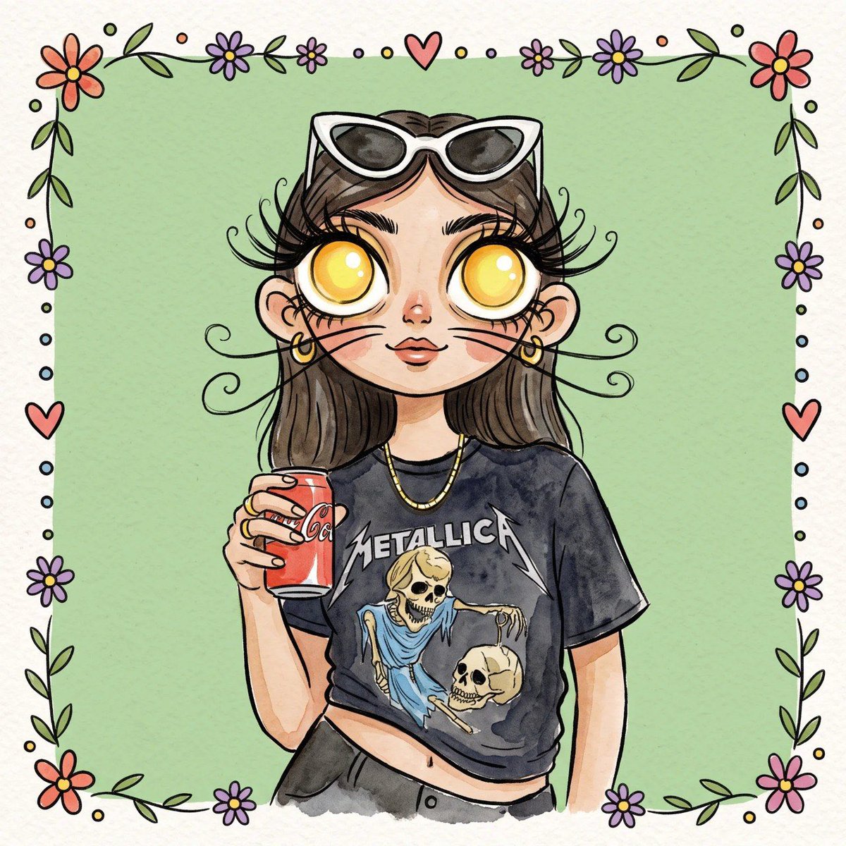 一幅异想天开、魅力十足的混合媒介水彩插画，描绘一个民间艺术风格的角色，脸部采用 [insert my face]，穿着 [insert my clothes]。角色拥有巨大的发光黄色眼睛、夸张...