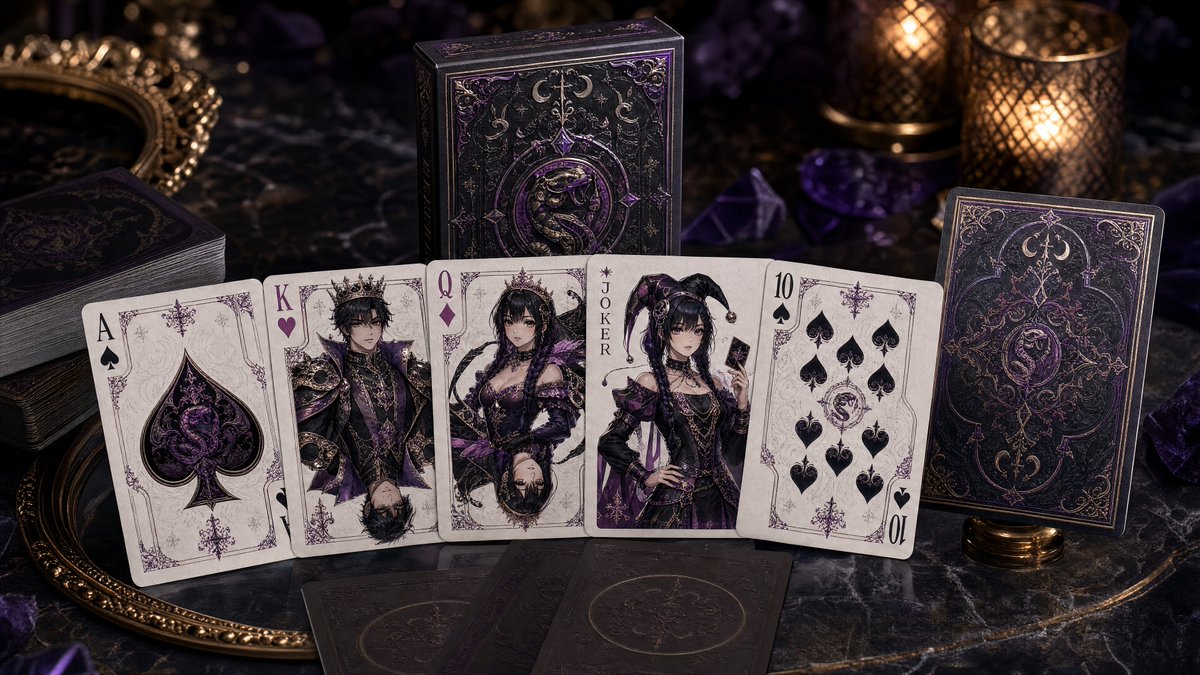 每日提示：皇家扑克牌组 🃏♠️♦️💜💚 提示由 @Feladrael 构建 今天的每日提示会把你上传的角色参考表，转化为一套完整的奢华收藏级扑克牌，融合该角色的色彩、符号、服装纹样、配饰、能力...