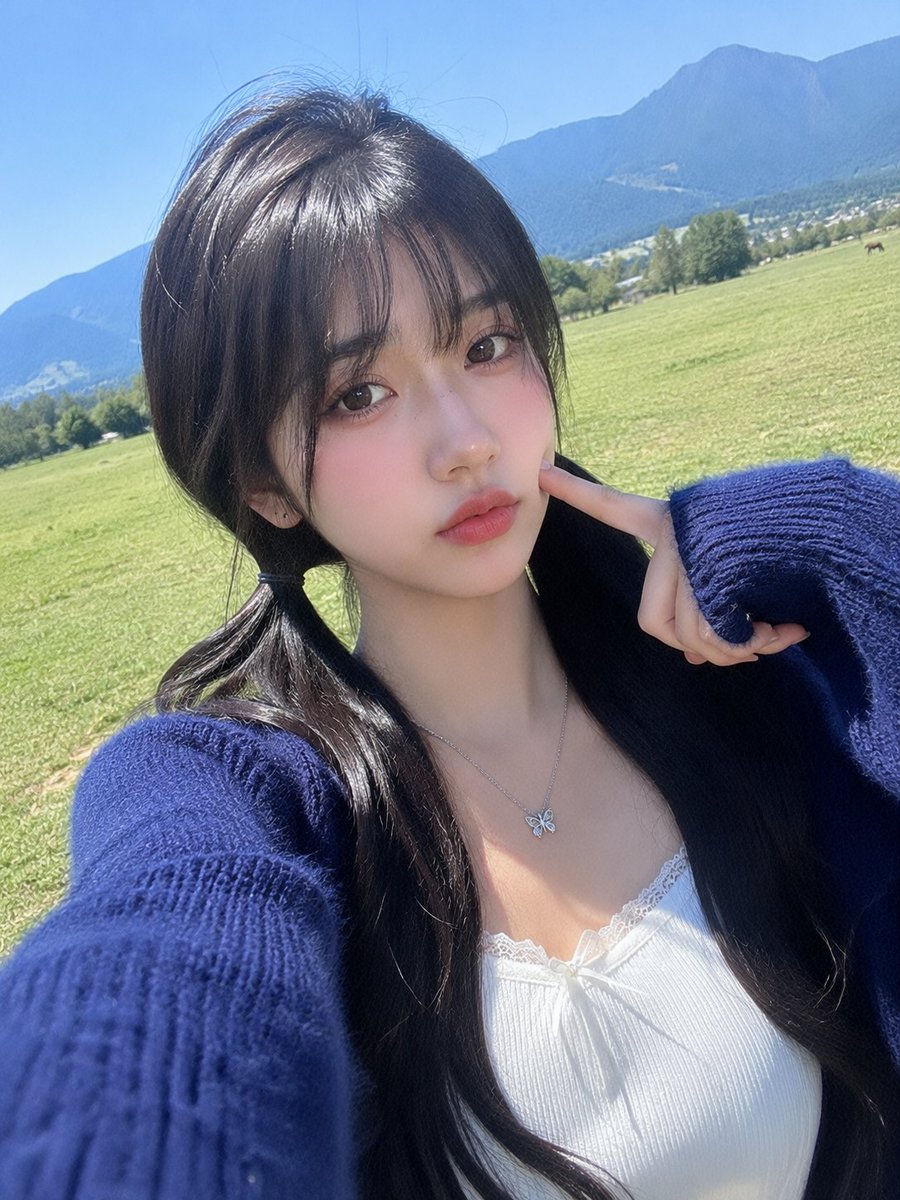 一张超写实智能手机自拍照：一位美丽的年轻日本女性，拥有光滑如瓷的肌肤、柔和自然的面部特征、温暖大气的棕色眼睛、亮泽的粉色双唇，以及柔顺的黑色长发，梳成低位双马尾，留着轻盈的碎刘海。她身处户外的...