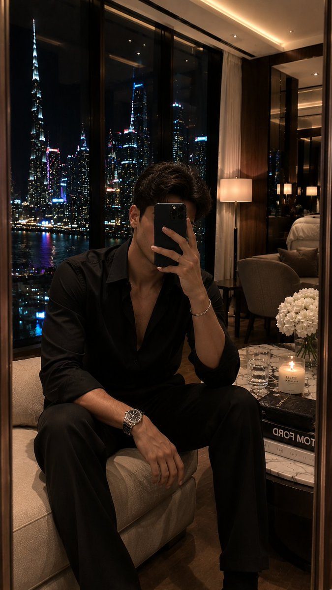 超写实风格的豪华酒店套房镜面自拍，拍摄于日落之后，地点是一间优雅的顶层套房，设有全景玻璃墙，俯瞰令人目眩的大都市天际线。宽阔的窗户营造出被点亮的摩天大楼、缤纷的城市灯光与柔和夜景散景的层层倒影...