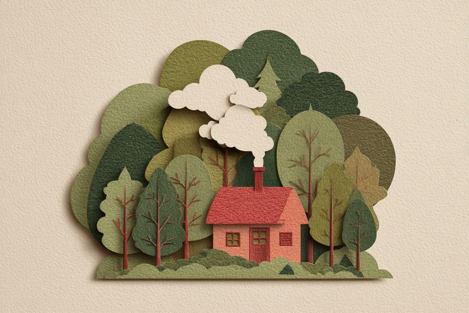 分层剪纸插画风格的[subject]，由柔和的[color1]和[color2]重叠形状构成，带有手工制作的纹理，层与层之间有细腻的阴影，干净的矢量边缘，居中放置在哑光奶油色背景上，风格奇趣且...