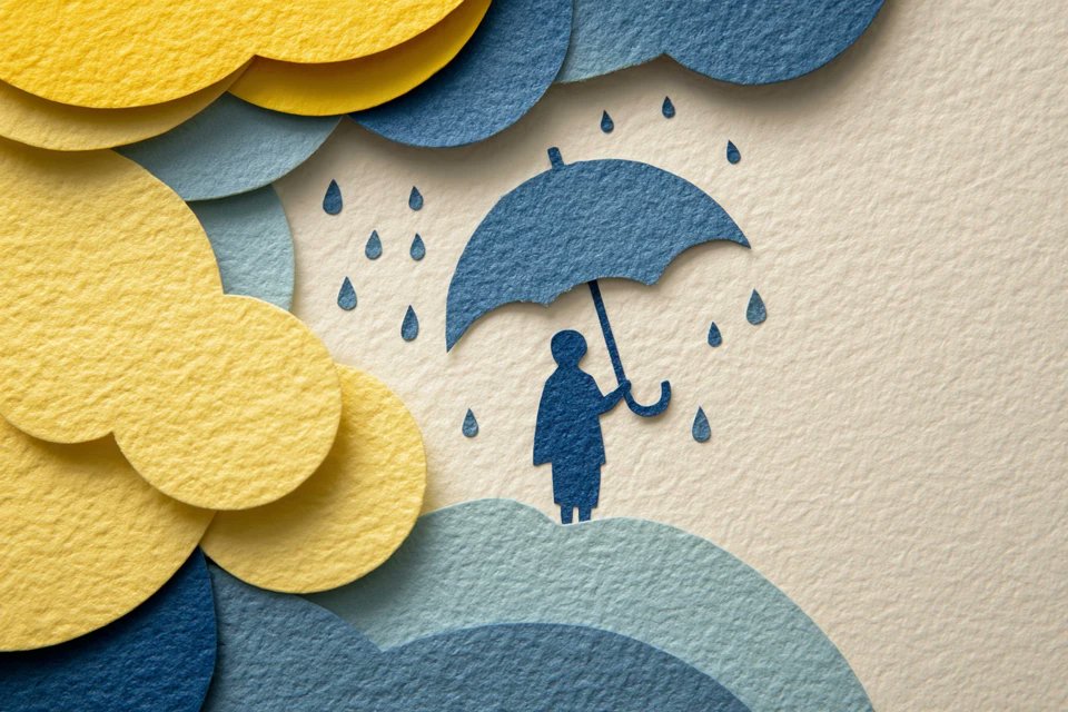 分层剪纸插画风格的[subject]，由柔和的[color1]和[color2]重叠形状构成，带有手工制作的纹理，层与层之间有细腻的阴影，干净的矢量边缘，居中放置在哑光奶油色背景上，风格奇趣且...