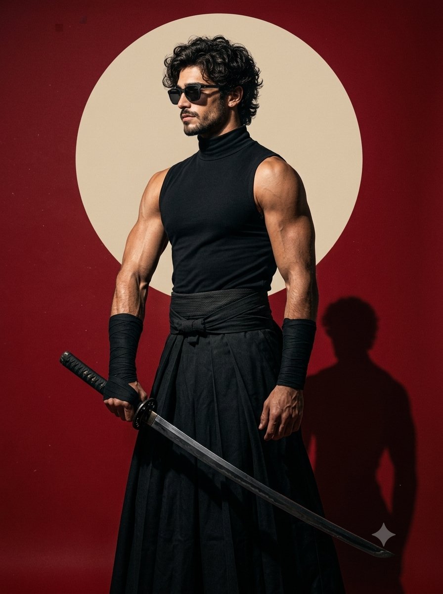 超写实电影级影棚人像摄影：一位现代武士身着黑色极简风格服饰，灵感源自传统日本美学。 一位年轻男子，留着黑色卷发、淡淡的胡须，戴着墨镜，以充满力量感的侧身姿态站立，身穿无袖黑色高领式上衣、宽松黑...