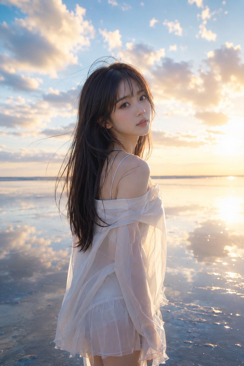 主题： 水镜回眸 主体： 一张竖版2:3比例的照片，描绘一位成年女性站在黄昏时分水浅的海边。人物置于画面中央偏左，以中长景拍摄，从大腿上部到头顶。人物将背影朝向镜头，仅上半身回望，在平静海面与...