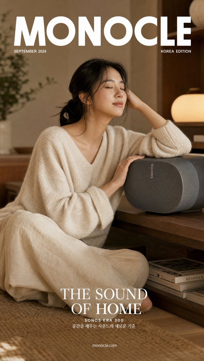 超写实编辑级生活方式杂志封面：一位陷入沉思的韩国女性，身着宽松的象牙白羊绒针织衫与阔腿亚麻长裤，双眼轻闭，沉浸在聆听的愉悦之中，一只手轻轻搭在身旁极简胡桃木架上的 Sonos Era 300...
