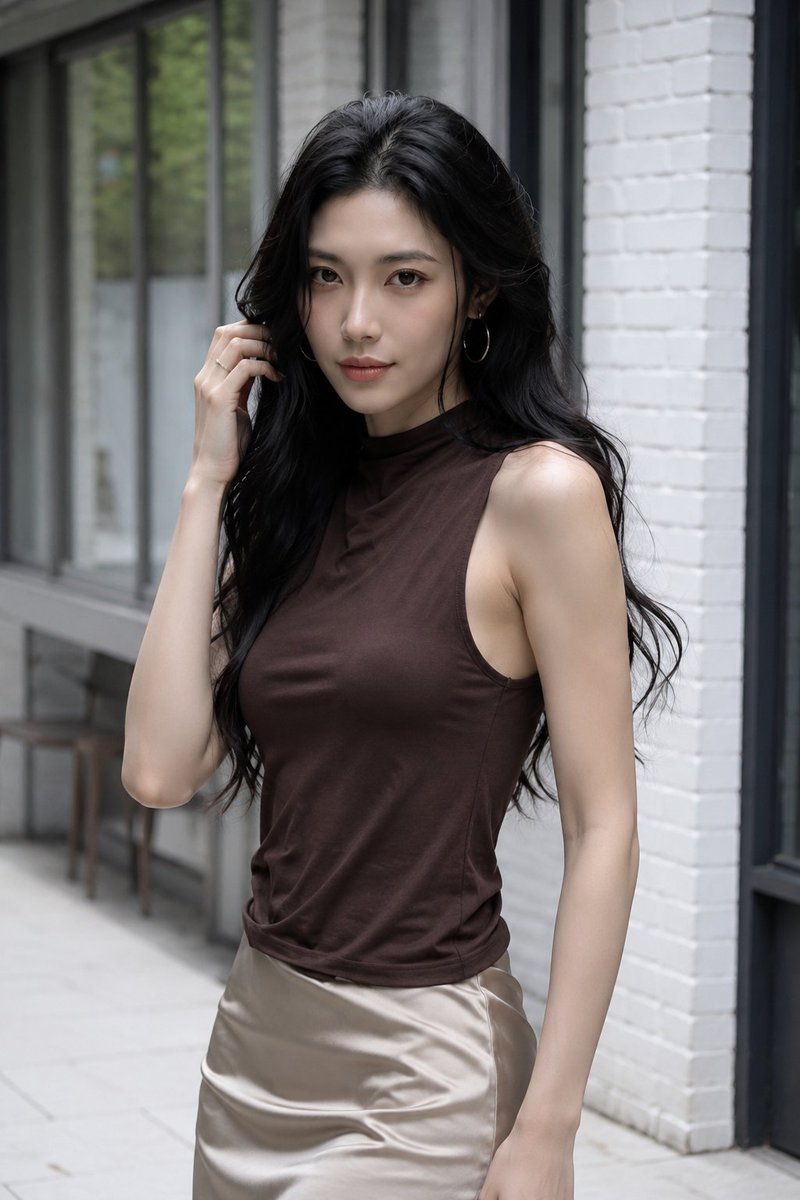 超写时尚写真人像。成年东亚女性，21岁以上，站立于现代精致户外走廊，靠近白漆砖墙与高挑黑框窗户。略偏右，腰部至大腿中部取景。画面左侧保留宽裕的建筑空间，窗户与走道向远处延伸。砖柱与深色窗框的强...