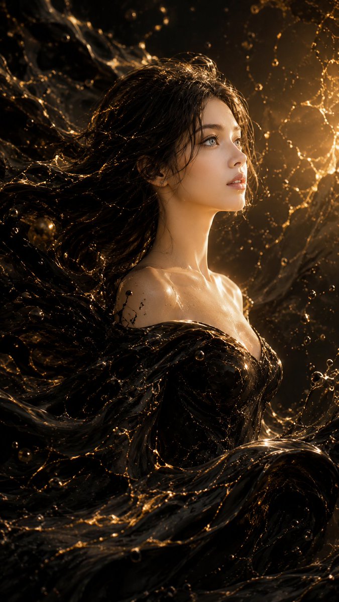 超现实 IMAX 级 Netflix 风格的电影暗黑奇幻肖像，9:16 竖构图，以上传的图片作为主要的风格和构图参考，创作一位美丽的年轻成年女性，从一片无垠的流动黑色液体海洋中浮现，黑色液体中...