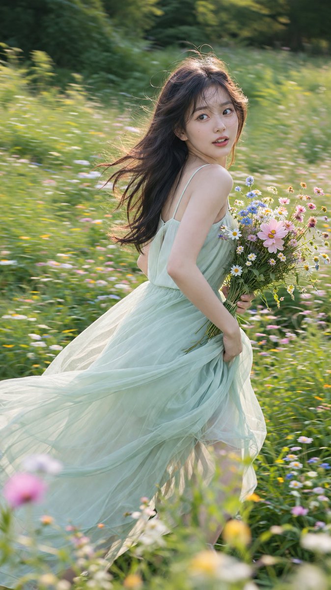 主题：[年轻女性 / 人物] 连衣裙：[浅色夏季连衣裙的颜色与款式] 场景：[野花草地 / 翠绿山坡 / 夏日花园] 动作：[奔跑 / 回眸 / 旋转 / 穿行于花丛中] 花束：[野花花束 /...