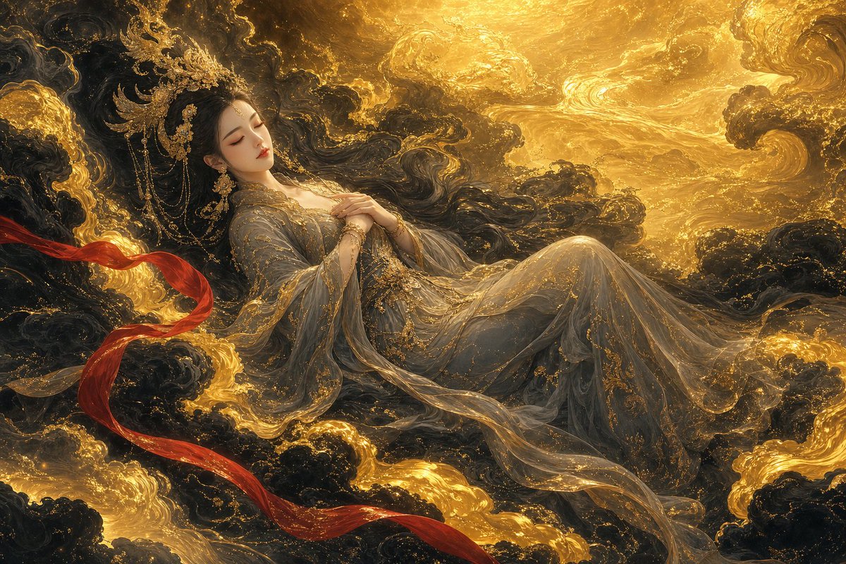 【GPT Image 2.0 提示词】 东方仙侠奇幻插画，一位空灵的中国女神沉睡于翻涌的水墨与金云之海之上，双眸轻合，神态安详宁静；乌黑长发如墨在水中流动般飘散，消融于身后的旋绕雾气之中。 【...