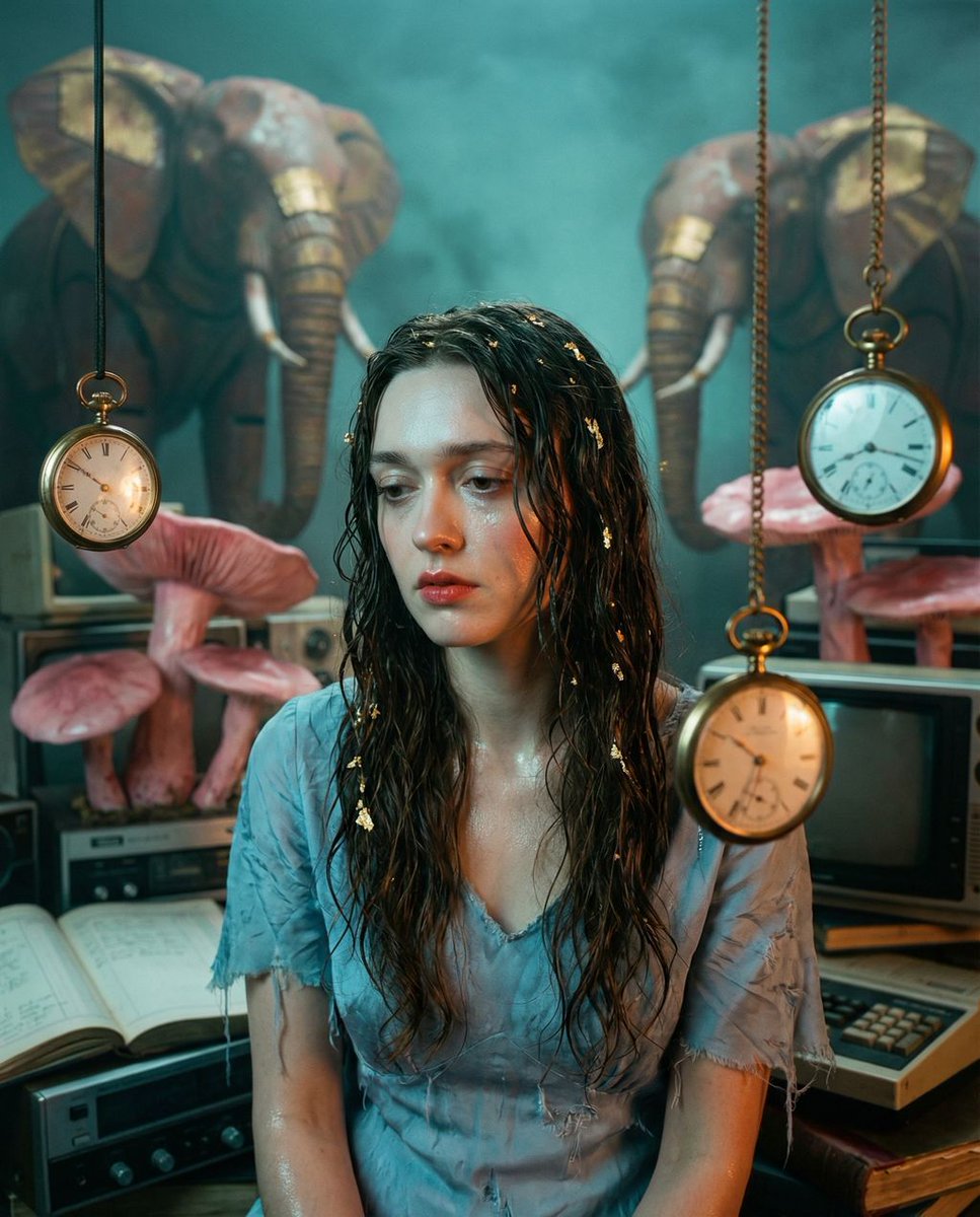 女性, The Protagonist（主角）, 无年龄感、普世原型, 对称，皮肤纹理高度细致，可见微观毛孔, 极长，解构式建筑感湿发大波浪，隐约夹有金箔薄片, 湿润泛泪光的玻璃肌，珊瑚色模糊...
