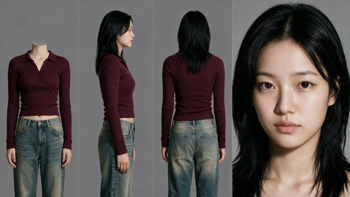 [图像提示词] 基于附上的参考图，创建一张干净的、照片写实的四格角色参考表。 采用横向宽布局，分为四个等大竖向面板，面板之间有细而干净的分隔线。完全保留参考图中所示的角色身份、身体比例、发型、...
