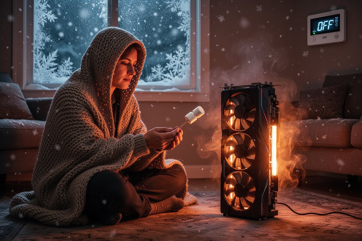 深冬夜晚昏暗温馨的客厅,结霜的窗外飘着雪花。一个裹着厚厚针织毯子的人盘腿坐在地板上,像围在篝火旁一样烤手——只不过这堆"火"是一块竖立的大型三风扇消费级 GPU(无 logo),风扇正在转动,...