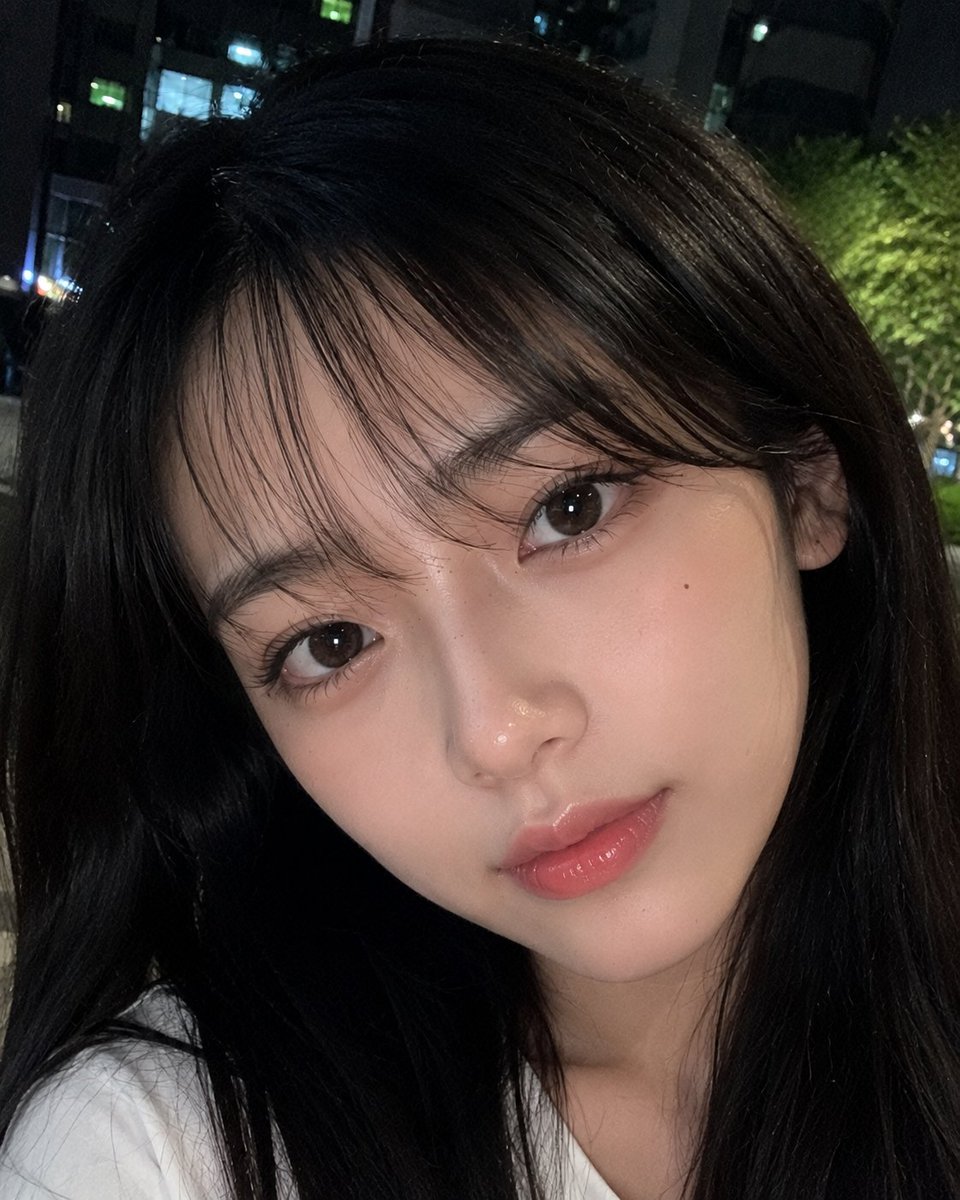 超逼真的智能手机照片：一位美丽的年轻日本女性，皮肤光滑白皙，面部自然柔和，五官精致，大而富有表现力的棕色眼睛，粉嫩有光泽的嘴唇，黑色长直发丝般顺滑，带有轻盈的侧分刘海，身穿宽松的纯白色T恤。她...