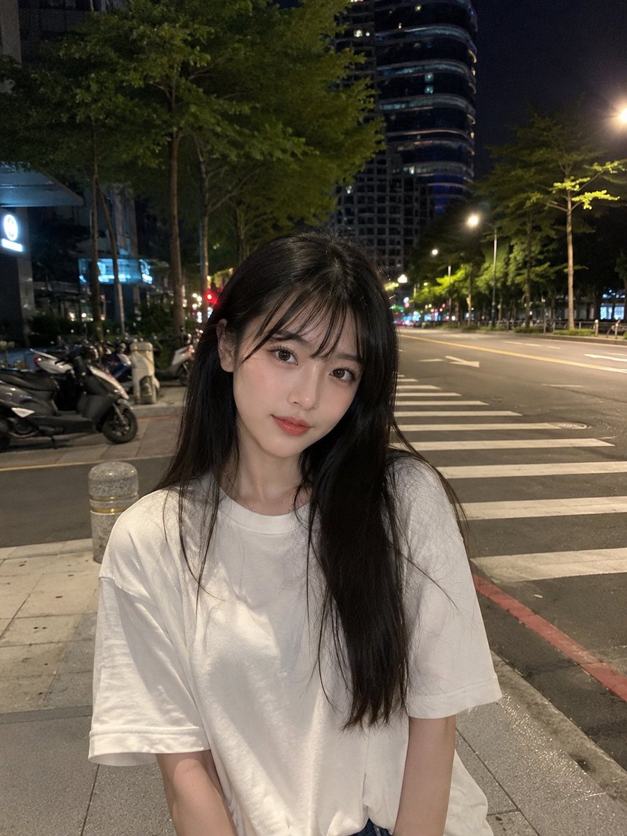 超逼真的智能手机照片：一位美丽的年轻日本女性，皮肤光滑白皙，面部自然柔和，五官精致，大而富有表现力的棕色眼睛，粉嫩有光泽的嘴唇，黑色长直发丝般顺滑，带有轻盈的侧分刘海，身穿宽松的纯白色T恤。她...