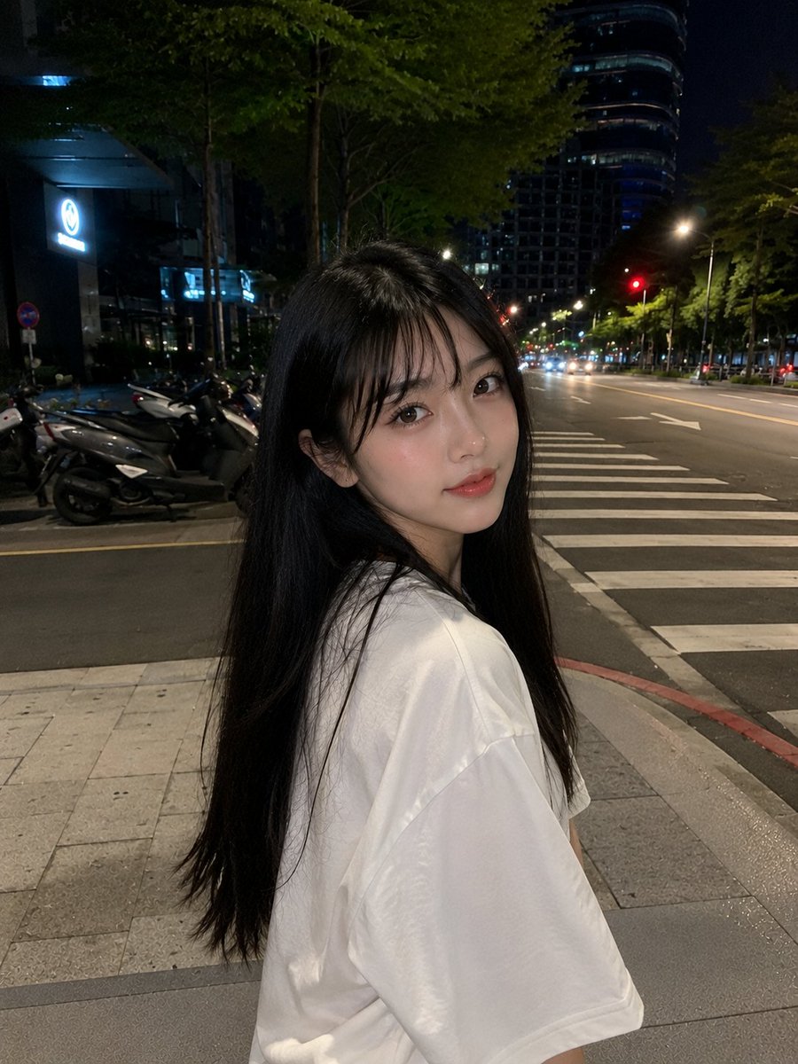 超逼真的智能手机照片：一位美丽的年轻日本女性，皮肤光滑白皙，面部自然柔和，五官精致，大而富有表现力的棕色眼睛，粉嫩有光泽的嘴唇，黑色长直发丝般顺滑，带有轻盈的侧分刘海，身穿宽松的纯白色T恤。她...