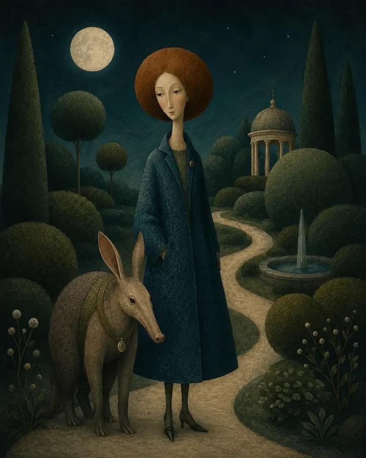 超现实诗意插画：[HUMAN] 身着 [CLOTHING]，与 [ANIMAL] 结伴，置身于 [SCENERY]。使用 [COLOR PALETTE]，拉长的程式化比例，长而窄的脸型，小巧的...