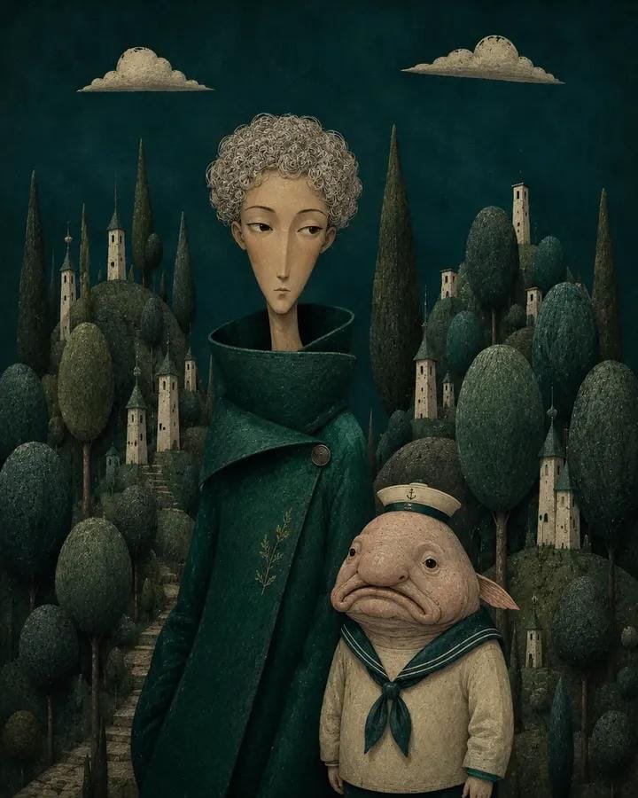 超现实诗意插画：[HUMAN] 身着 [CLOTHING]，与 [ANIMAL] 结伴，置身于 [SCENERY]。使用 [COLOR PALETTE]，拉长的程式化比例，长而窄的脸型，小巧的...