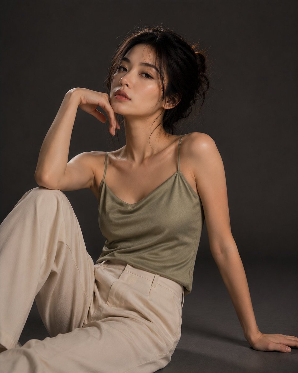 极简摄影工作室中的超写实编辑级时尚人像，采用无缝炭灰色背景幕布。使用一盏大型柔光箱打造的柔和电影级低调光效，高端杂志级美学风格，画面构图干净无道具，Sony A7R V 相机，85mm f/1...