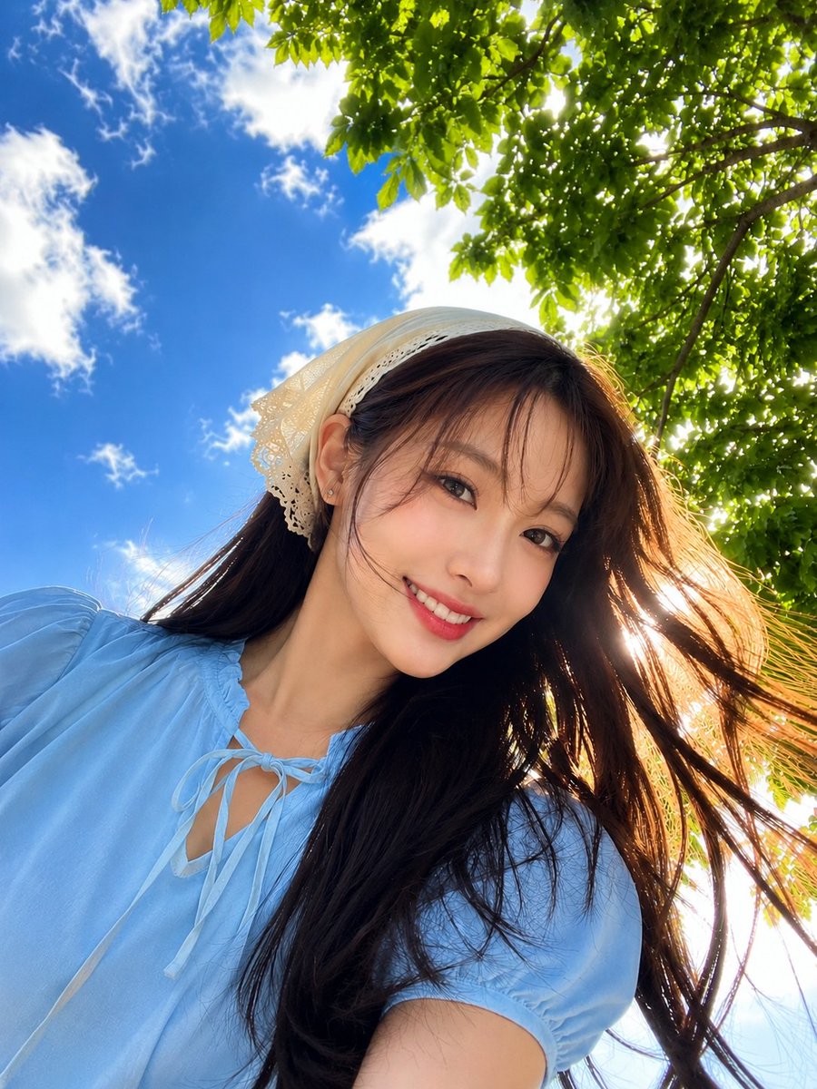 超写实生活风格人像，捕捉一位美丽的年轻东亚女性，从戏剧性的低角度手持自拍视角拍摄，背景是充满柔和白云的鲜艳钴蓝色夏日天空。她对着镜头温暖地微笑，表情柔和自然，营造出清新迷人的氛围。她的长而丝滑...