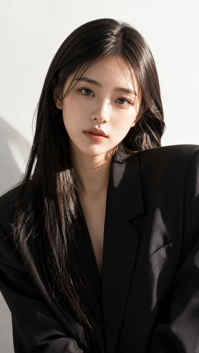 使用参考图中的女孩，完整保留她的面部、身份、比例和整体外观。超写实 9:16 胸部以上时尚编辑人像。她微微歪头坐姿，目光直视镜头，表情平静自信。长发顺直有光泽，中分整齐利落。身穿剪裁挺括的黑色...