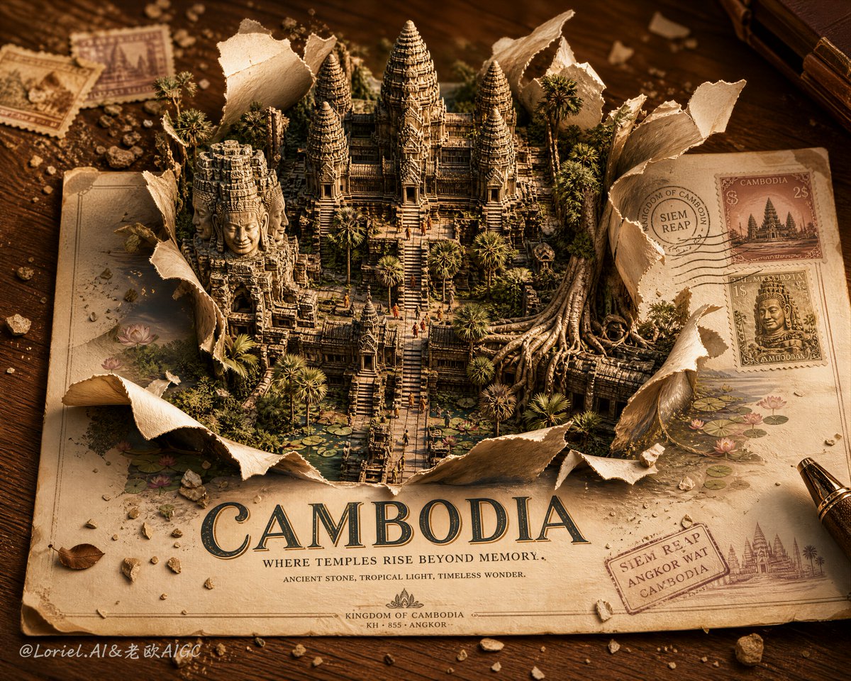 两个地标，多个地标的拼凑，风景叠加在明信片之上，扁平剪影式地标，透视不匹配，纸张僵硬，卡纸撕边生硬，突出感微弱，卡通微缩模型，伪造的纸张纹理，建筑细节不足，字体难以辨认，构图杂乱，塑料感的建筑...