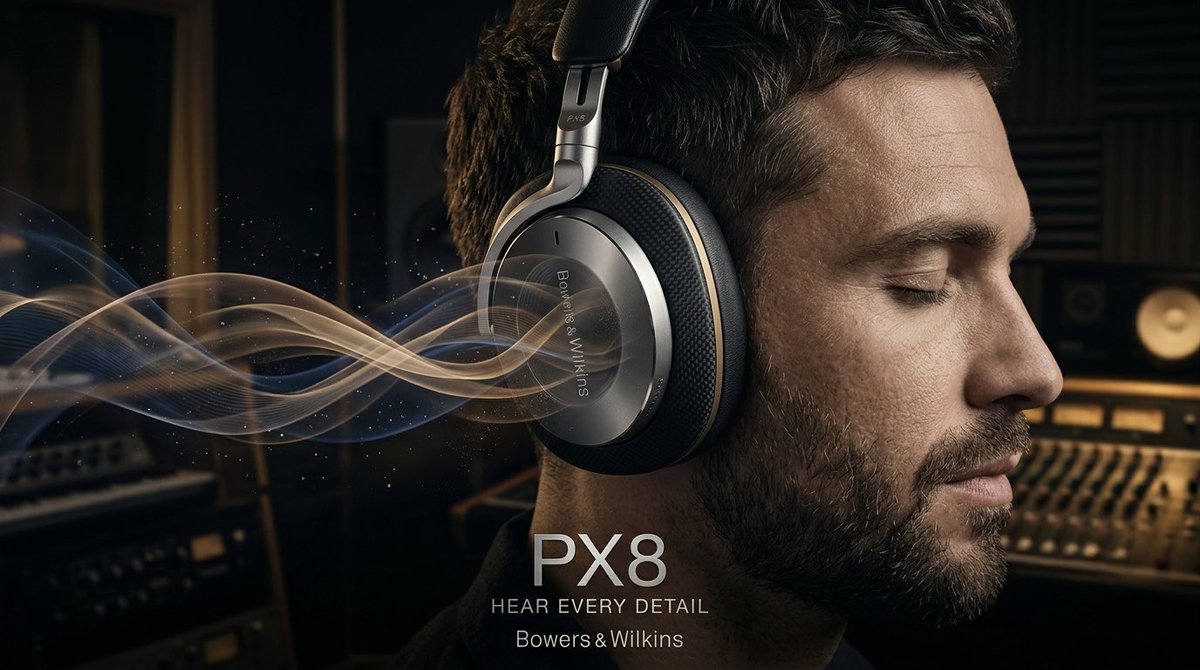 宝华韦健 Bowers & Wilkins Px8 奢华无线耳机超高端电影级广告海报。深邃沉浸式录音棚环境中一位气质高雅的音乐家的极致微距特写肖像。耳机占据画面主体,高端耳罩表面化身为...