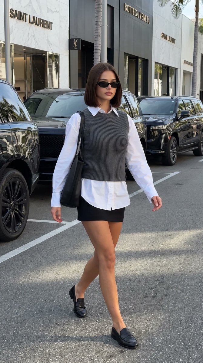 一张超写实的时尚编辑街拍风格照片，画面中一位美丽的年轻女子自信地走在阳光明媚的高端购物街区，散发着毫不费力的"模特下班"优雅气质。 她拥有自然晒黑的光滑肌肤，有着真实可见的毛孔，脸颊带着柔和温...