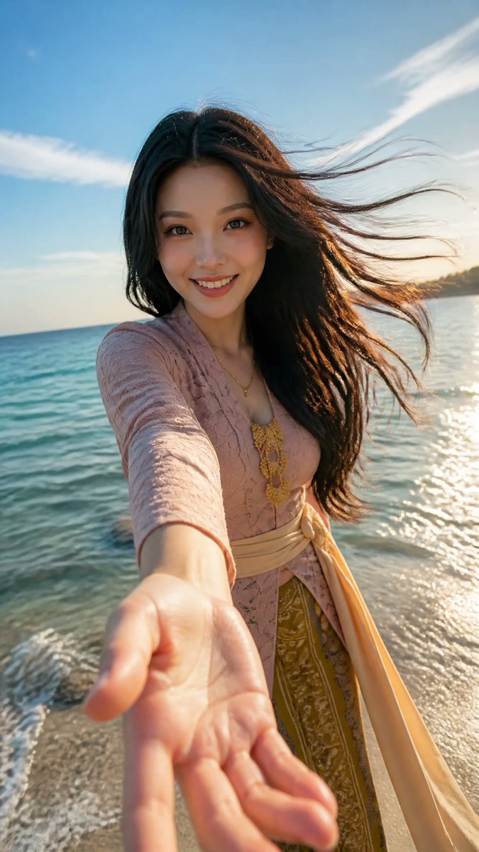 9:16 竖版写实夏季 POV 人像。 一位年轻、成熟的东亚女性，年龄 20–25 岁，美丽自然，笑容明亮灿烂，神情欢快，双眸闪耀，带着柔和而妩媚的凝视，完全参照我推荐的照片。 她身着可芭雅服...