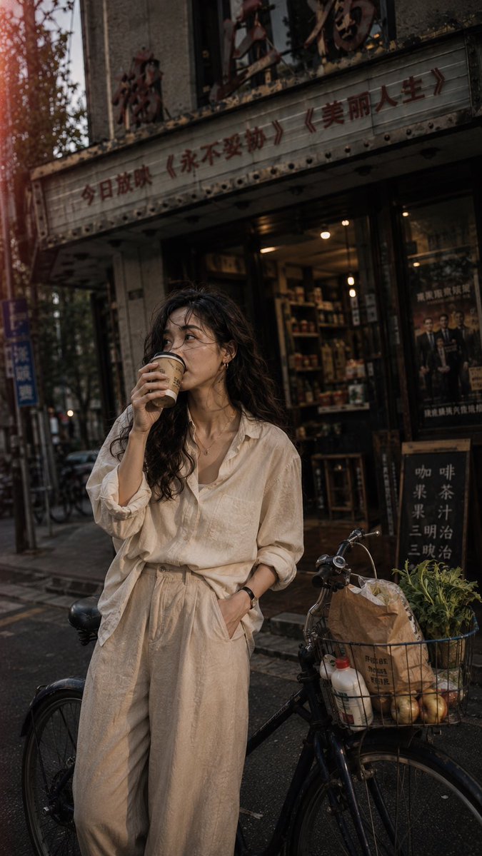 在一条安静的街角快速抓拍的一张快照，看起来像是有人叫了她的名字，她走路中途转过身来。一位二十出头年轻中国女子站在一辆深蓝色自行车旁，身体半转着，一只手搭在自行车座上，另一只手拿着一个黄苹果举在...