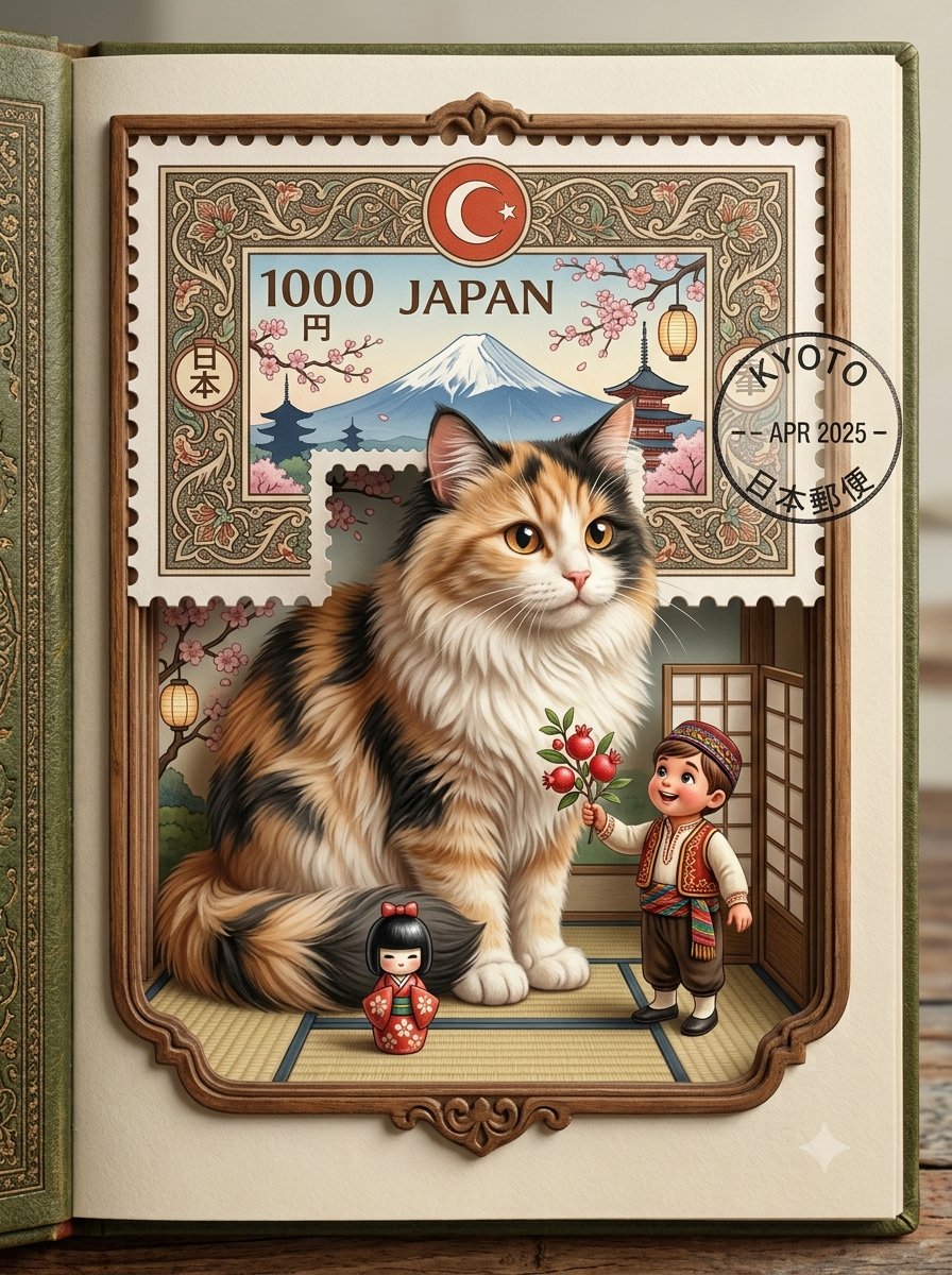 超精细的 3D 插画：一只巨大的可爱 [ANIMAL] 从一张复古的 [COUNTRY] 邮票中破封而出，正与一个身穿传统 [COUNTRY] 服饰的小小孩童互动。邮票上带有正宗的 [COUN...