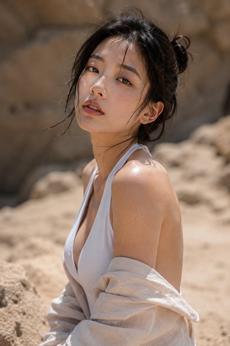 GPT Image 2 于 ChatGPT 沙漠｜泳装｜美女 -- （1） Prompt ⬇️⬇️⬇️ A young Korean woman stands on rocky desert...