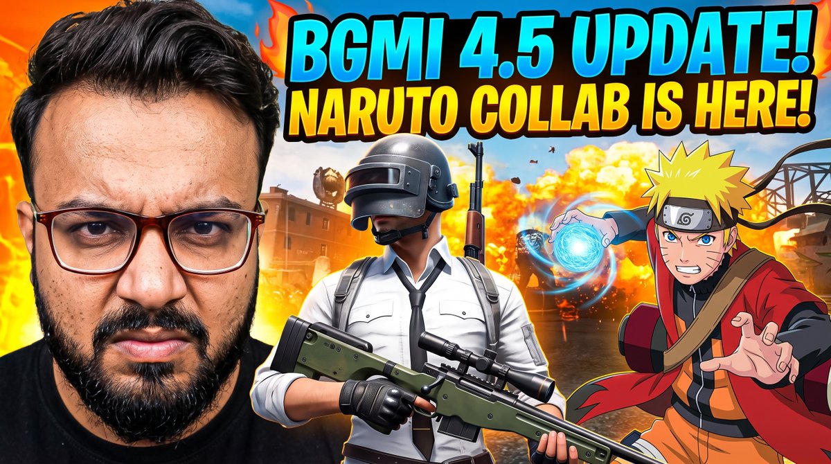 我想要BGMI手游可点击的最高点击率缩略图，主题是BGMI 4.5版本更新火影忍者，高视觉吸引力，包含我Umair、鸣人和BGMI角色头像的紧凑头部特写，角色穿白衬衫黑领带，戴三级头盔，动态且...