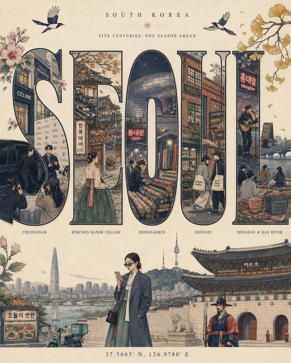 时尚之都字体海报 - [CITY]，[COUNTRY] 奢华编辑风格旅行海报，以该城市最具标志性的时尚传承、奢华工艺以及复古旅行海报风格为基调。巨大的粗体大写衬线字体"[CITY]"填满整个画...