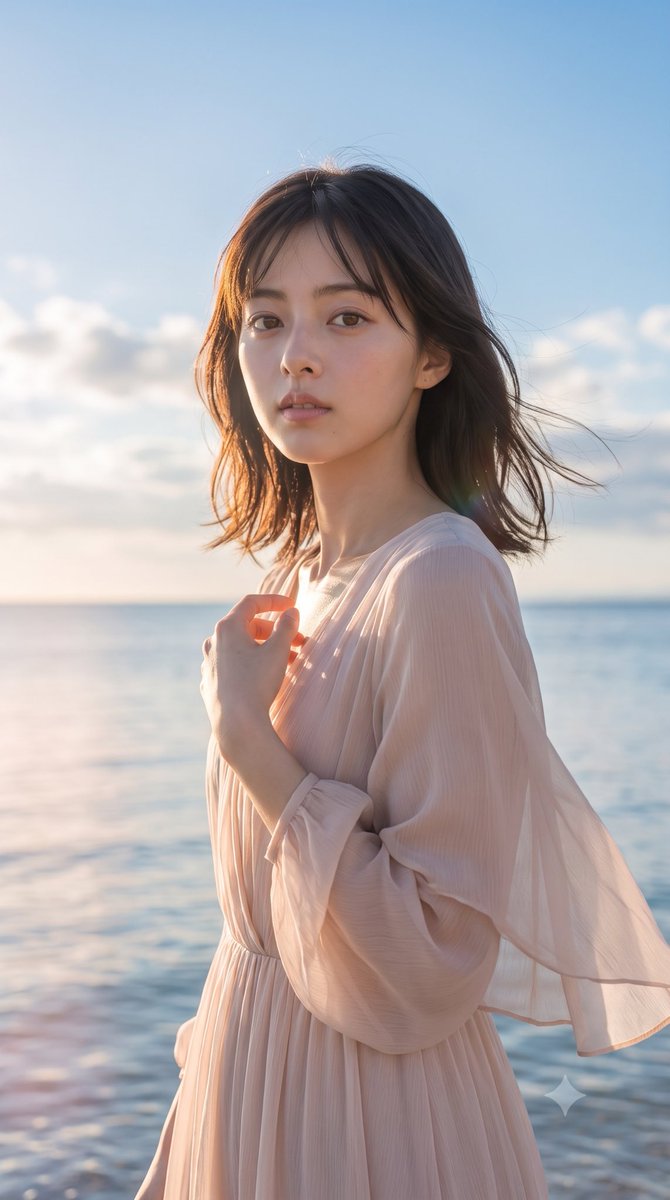ChatGPT + Gemini + Midjourney + Grok 提示词：一幅宁静的仲夏海岸人像，描绘一位年轻的日本女性，身着飘逸的淡腮红粉色长裙，静静地伫立在海边，她的发丝与裙摆在温...