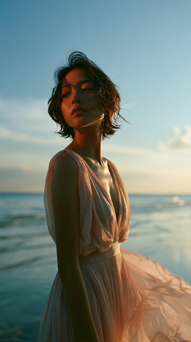 ChatGPT + Gemini + Midjourney + Grok 提示词：一幅宁静的仲夏海岸人像，描绘一位年轻的日本女性，身着飘逸的淡腮红粉色长裙，静静地伫立在海边，她的发丝与裙摆在温...