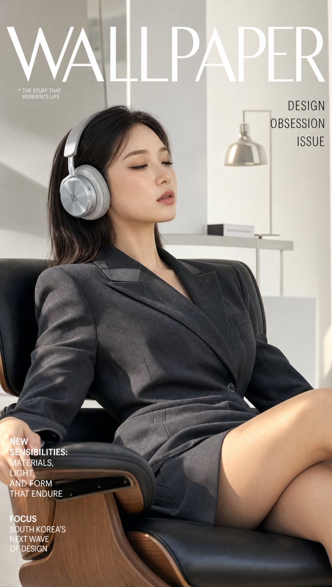 超写实设计杂志封面:一位姿态从容的韩国女性,身着剪裁考究的炭灰色结构感西装连衣裙,斜倚在设计师款伊姆斯椅上,佩戴 Bang & Olufsen Beoplay H100 包耳式耳机(自...