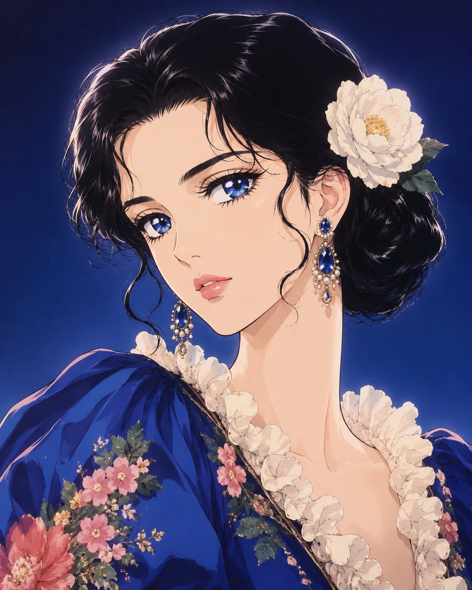 创作一幅极致精致的奢华动漫美妆肖像，灵感源自1980年代末至1990年代初日本正统少女漫画赛璐珞动画，并融合现代高定时装编辑大片风格。描绘一位优雅的年轻女性，拥有光洁如玉的瓷白肌肤、明亮夺目的...